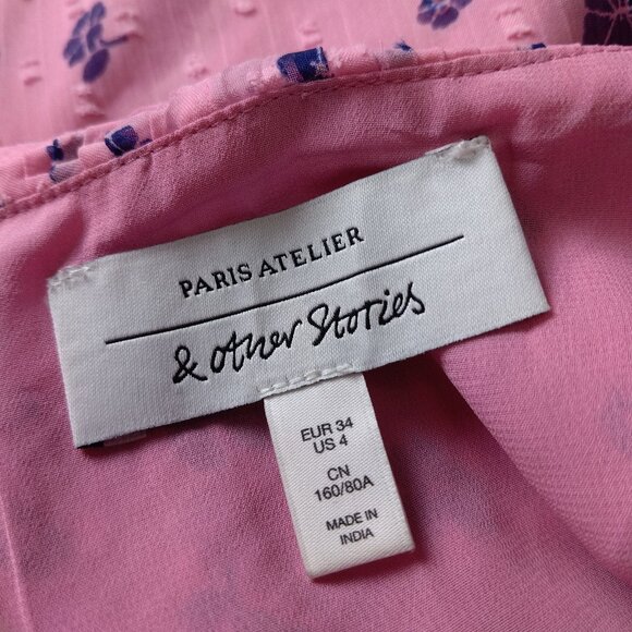 Paris Atelier & Other Stories Women's Size 4 Pink Ruffle Swiss Dot Floral Blouse - Picture 7 of 8